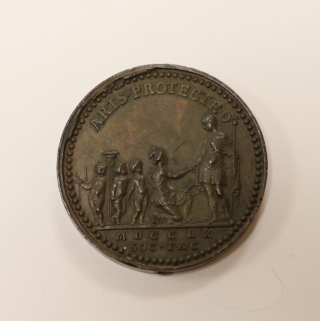 Arts Protected, 1760, a rare copper medal, unsigned [by J. Pingo], laureate bust of George III left, rev. king in Roman dress, clasping hand of kneeling female figure, three cherubs to left, 39mm (Eimer 21; BHM 6; E 685)